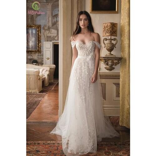 SSYFashion New Elegant White Evening Dress for Women Vestidos De Fiesta De Noche Boat Neck Lace Flower Sexy Beach Formal Gowns