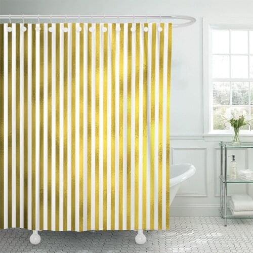 Gold White and Stripes Striped Line Lined Pattern Shiny Shower Curtain Waterproof Fabric 72 x 72 Inches Set with Hooks