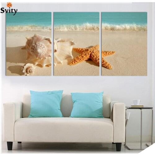 3 Panel Modern Printed Blue Beach Seascapes Paintings Wall Art Home Decor Shell Sea Paintings For Living Room(No Frame)
