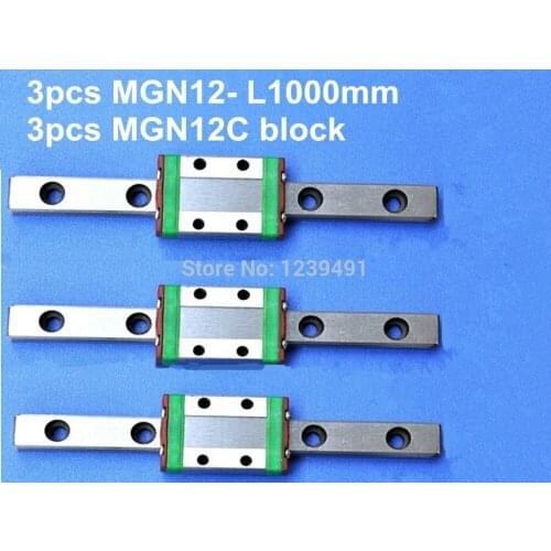 3pcs 12mm linear rail guide MGN12- L1000mm with 3pcs mini MGN12C linear block