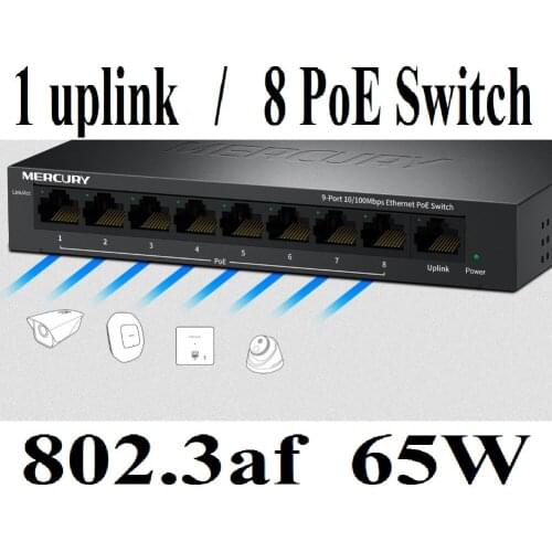 9 ports 1 uplink port, 8 poe 65W 100Mbps MCU PoE Switch Ethernet Network Switch LAN Hub Full/Half duplex Exchange Auto MDI/MDIX
