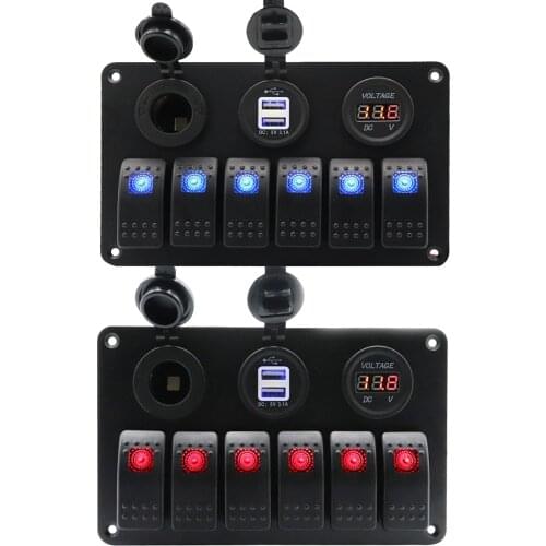 Circuit Breaker Overload Car Boat Switch Panel Boat Truck 6 Gang Rocker Panel Dual USB Car Charger Voltmeter 12V Outlet