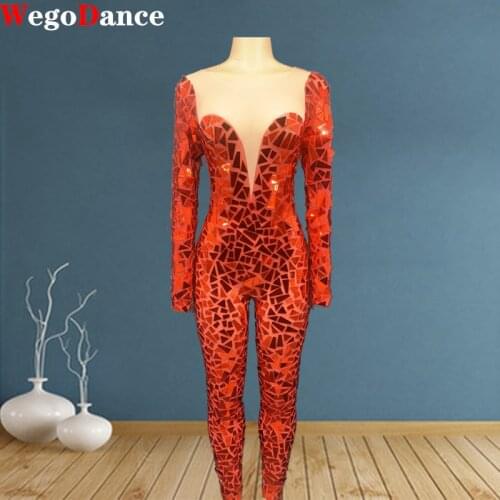 Shining Gold Mirror Jumpsuit Mesh Dance Costume Women Stage Performance Yarn Bodysuit Sexy Nightclub Wear
