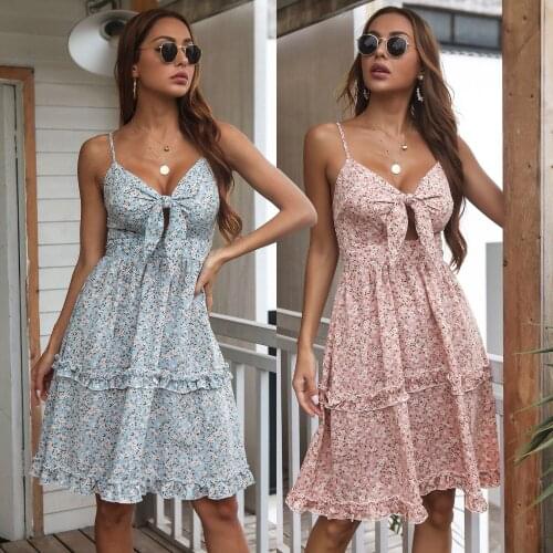 Bohemian Mini Women Dress Summer 2021 V-Neck Spaghetti Strap Bow Print Sandy Beach Seaside Resort Empire Sweet Pullover Dress