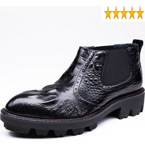 Chelsea Genuine Leather Pointed Toe Winter Fashion Crocodile Pattern Boots Men Business Ankle Shoes Erkek Bot