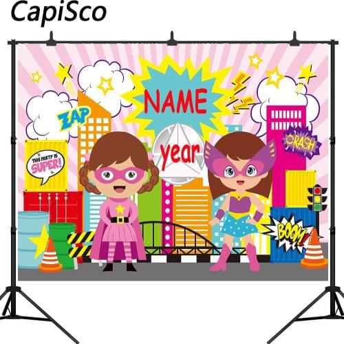 Capisco Super Hero City Party Baby girl birthday Photography Backgrounds Customized Photographic Backdrops For Photo Studio