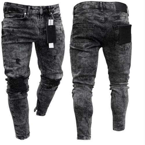 Destroyed Streetwear Jeans Jogger Denim Pants Us Size New Men Hip Hop Vintage Snowflake Wash Gray Ripped Skinny Jeans Knee Holes