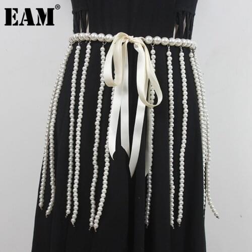 [EAM] White Pearl Bow Split Joint Elegant Casual Belt Personality Women New Fashion Tide All-match Spring Autumn 2021 1DD8188