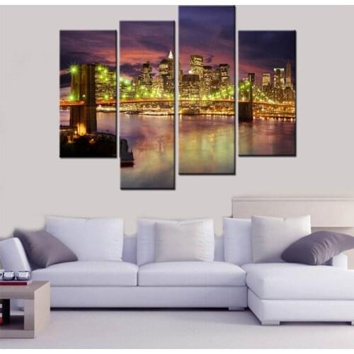 Printed City Night Scenery Picture Painting on Canvas Bridge Cityscape Building Landscape for Bedrooms Living room Wall Decor