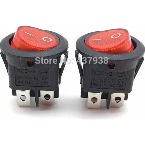 5pcs KCD1 224N Round Rocker Switch With Red Light 4 Pin 6A 250V/10A 125VAC Snap-in SPST ON OFF Rocker 2 Position Switch