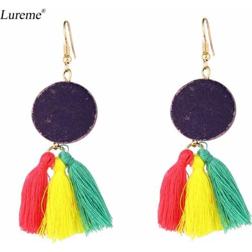 Lureme Lovely Bohemian Wooden Flat Round with Multicolor Tassel Earrings Dangling (er005616)