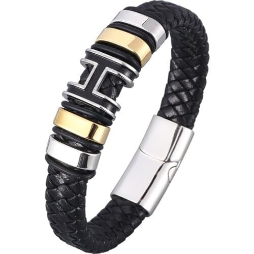 Genuine Braided Leather Bracelet for Men Stainless Steel Magnet Clasp H Charm Woven Bangle Trendy Male Wristband Jewelry PD0977
