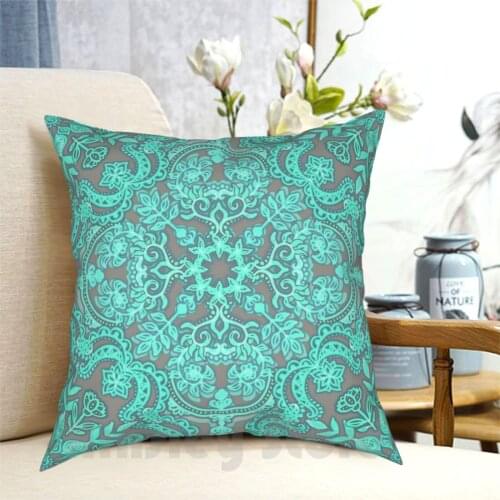 Mint Green & Grey Folk Art Pattern Pillow Case Printed Home Soft DIY Pillow cover Vintage Folk Pattern Doodle Markers Hand