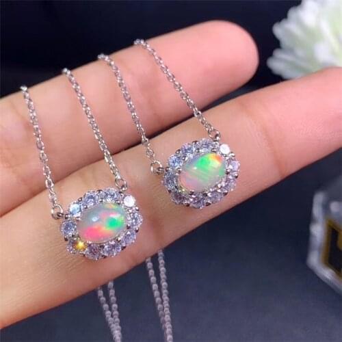 Natural Opal Necklace for Girl Anniversary Party Gift 5*7MM Colorful Gemstones Fine Jewelry Real 925 Sterling Silver Free Ship