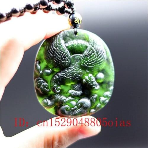Natural Black Green Chinese Jade Eagle Pendant Beads Necklace Charm Jewelry Obsidian Accessories Carved Amulet Gifts for Men Her