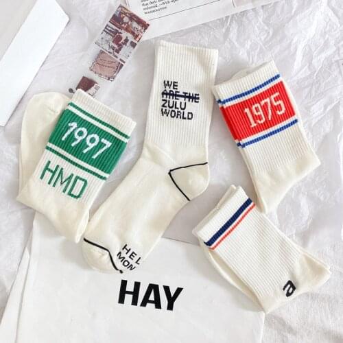 4 Pairs Harajuku Streetwear Socks Women Korean Style Crew Letter Cotton Socks White Women 1997 Street Hip Hop Skateboard Socks