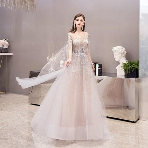 New Arrival A Line Fairy Gray Evening Dresses for Women 2021 Beading Crystal Sequined Illusion Back Formal Party Dinner Gowns