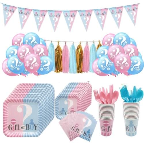 Boy or Girl Gender Reveal Party Supplies Disposable Tableware Plate Napkin Balloons Kid Baby Shower Birthday Party Decoration