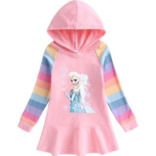 Disney Girls Hoodie Dress New Frozen Elsa Dresses for Girls Cartoon Rainbow Childrens Dress Girl Casual Clothes
