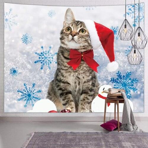 Christmas Snowman Cat Wall Hanging Small White Hippie Tapestries for Bedroom Living Room Dorm