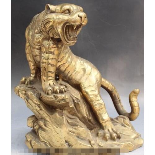 S00098 15" Soild China Fengshui Bronze Zodiac Year Tiger Ferocious Tigre Animal Statue