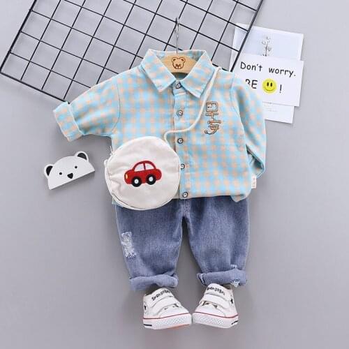 Spring Autumn Children Baby Boy Clothes Kids Lapel plaid Shirt jeans Pants 2Pcs/Sets with bag Toddler Casual Infant Tracksuits