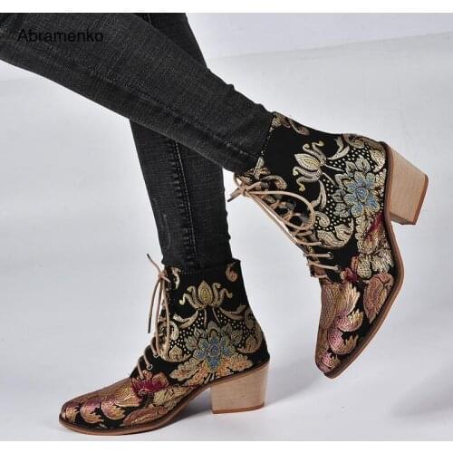 Women Shoes Retro Embroidery Print Leather Ankle Boots Female Block Mid Heels Casual Black Botas Mujer Feminina Plus Size 35-43