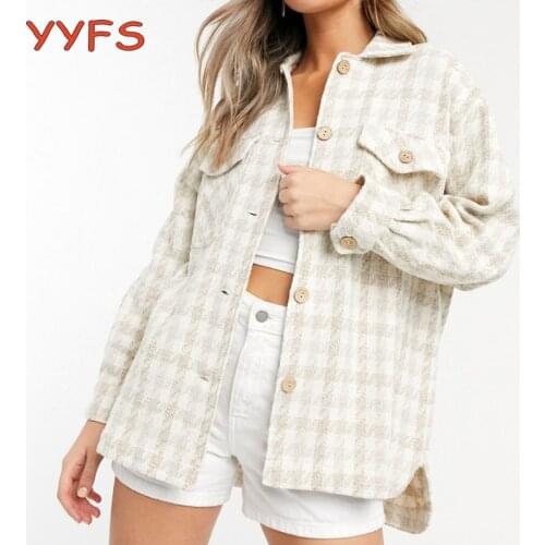 Elegant Plaid Shirts Women Thick Wool Vintage Long Blouse Jacket Winter Overshirt Womens Blouse Casual Wool Blend Coat Female