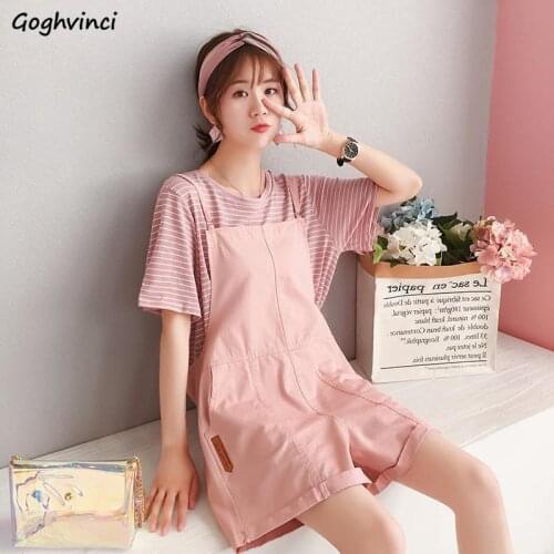 Women Sets Kawaii Striped Short Sleeve T-shirts Sweet Fresh High Waist Pockets Wide Leg Playsuits Korean Style Chic All-match