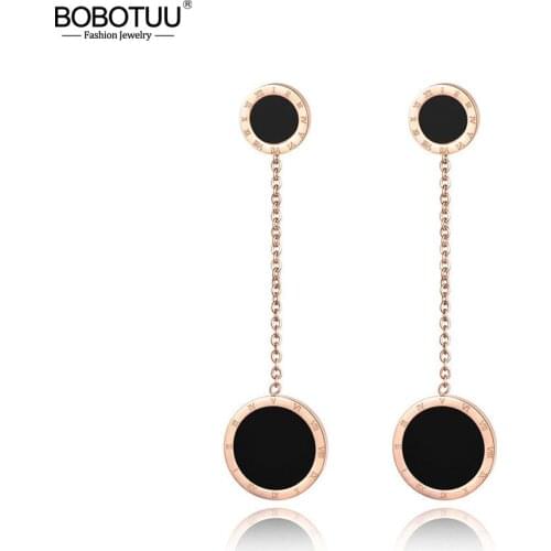 BOBOTUU Trendy Double Circle Roman Numerals Long Tassel Earrings For Women Titanium Steel Female Party Earrings Jewelry BE17055