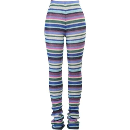 Women High Waist Knitted Long Pants Multicolor Striped Skinny Stacked Trousers