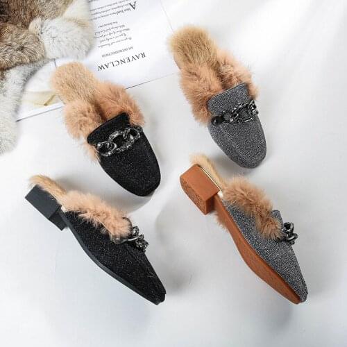 2019 Furry Slippers Womens Winter New Net Red Korean-Style All-match Rabbit Hair Baotou Half-Slippers