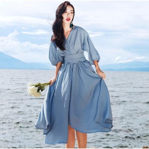 2020 Brand New Women Fashion Dress V-neck Bubble Sleeve High Waist Irregular Dress Elegant Mid Dress Office Lady Dress Vestidos