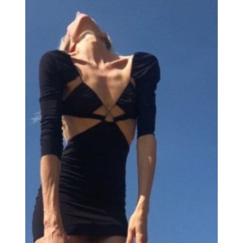 Women Sexy Backless Dress Solid Color Deep V-neck Long Sleeve Hollow OutWhite/ Black