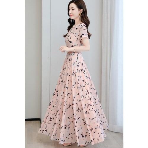 Vestido Dress Women Summer Chiffon Floral Print Short Sleeve Long Robe Femme Sukienki Party Dress Robe 3369