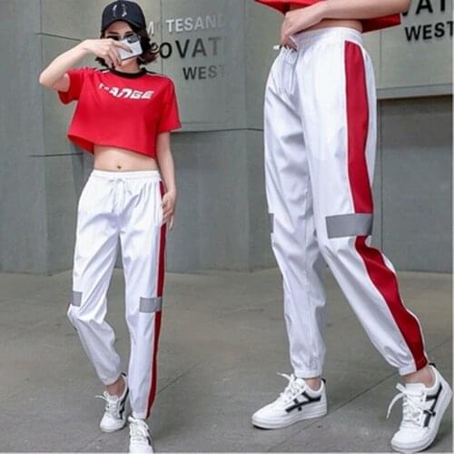 2019 Women Neon Streetwear Outfits Cargo Trousers Loose Hight Waist Flash Reflective Patchwork Jogger Pants