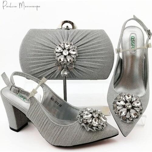 2020 Newest African Crystal Style Nigerian Italian Design Party Women Shoes and Bag Set Decorated With Rhinestone in Silver