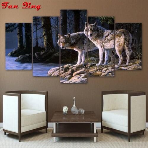 5D DIY Diamond Painting 5 Pcs Animal Wolf Cross Stitch Kit Full Drill Square Embroidery Mosaic Picture of Rhinestones Decor