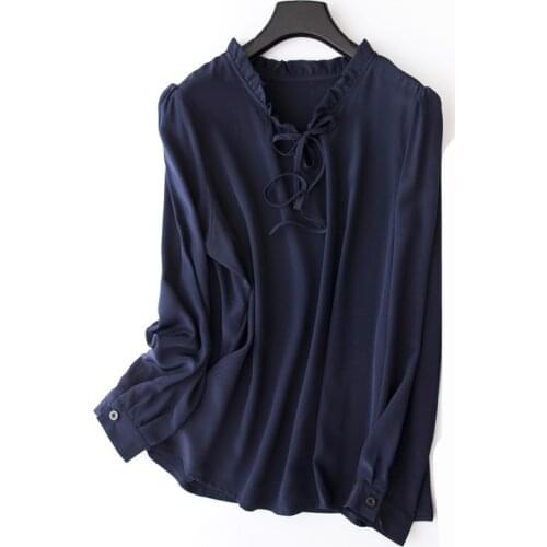 100% natural silk Blouses Long Sleeve Real Silk Navy Blue Blouse Tops for women Office Wear Shirts work Blouses
