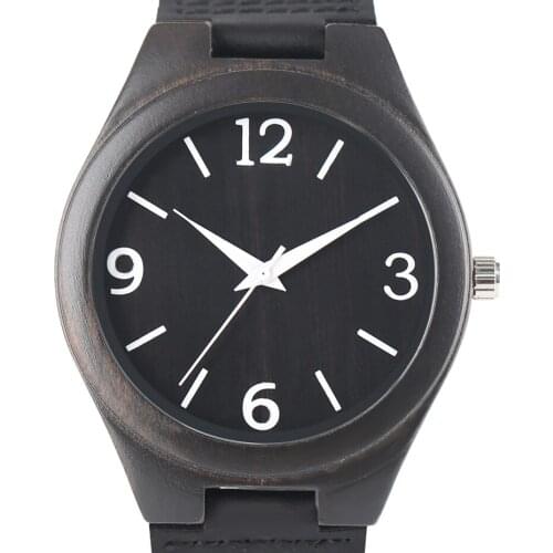 Natural Ebony Wood Bamboo Watch Mens Creative Quartz Wristwatch Numbers Handmade Genuine Leather Band Clock Gift horloges mannen