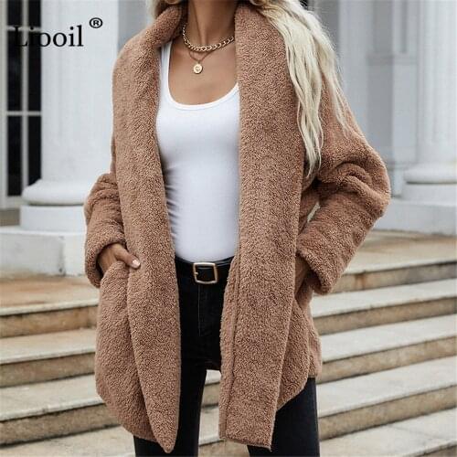 Liooil Fleece Long Coat Turn Down Collar Long Sleeve Thick Loose Cardigan Autumn Winter Brown Coat For Women 2021 Streetwear
