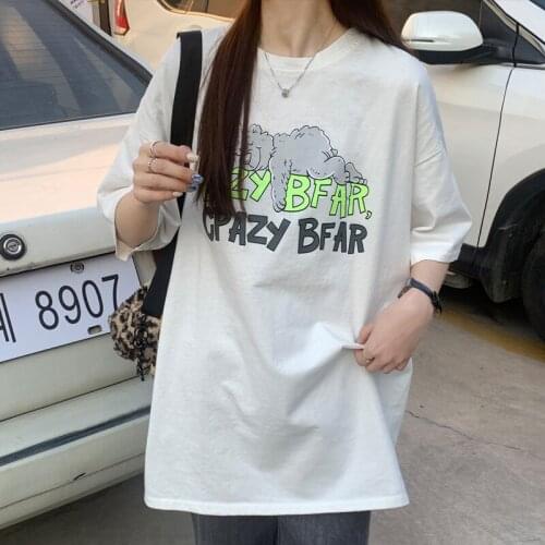 Letter Bear Casual Loose Tshirt Womens T-shirts Tops Japanese Kawaii Ladies Ulzzang Female Korean Harajuku Clothes For Women
