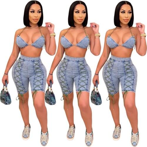 Adogirl Blue Denim Two Piece Set Woman Back Lace Up Halter Bra +Criss-cross Knee Length Pants Matching Set Night Club Outfits