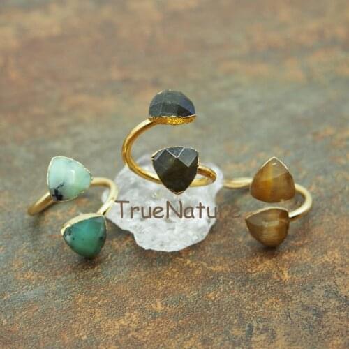 Mix Stones Ring Triangle Faceted Shape Bohemian Style Tiger Eye Chrysoprase Labradorite Statement Rings In 10 mm RM5569