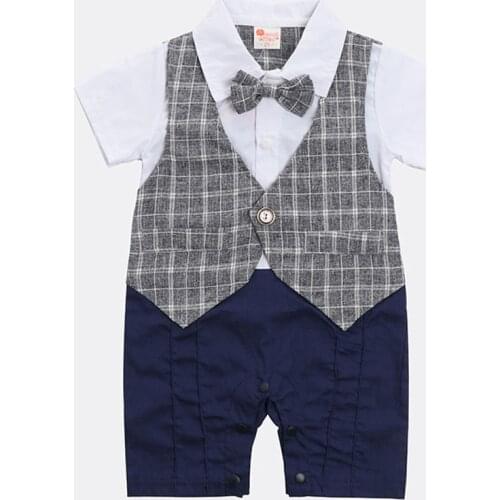 Summer Newborn Kids Boys Grid Fake Two Piece Gentleman Jumpsuits Clothes Infant Baby Boys Rompers Short Sleeve Children Rompers