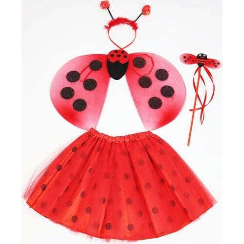 5set Girls Kids Birthday Holiday Party Costume Suit Animal Ladybug Wings Net Gauze Skirt Headband Magic Rod Wand Set