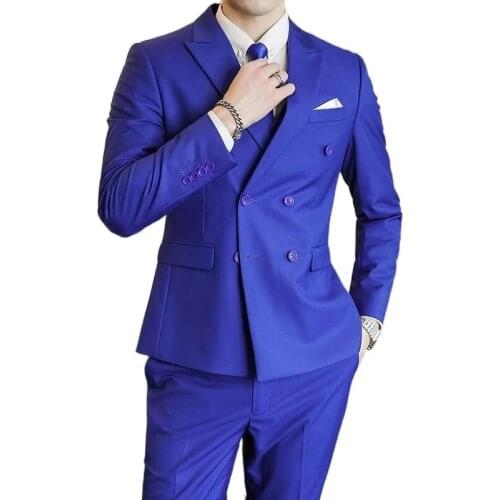 Costume Homme Business Blue Double Breasted Men Suits Tuxedo Groom Prom Wedding Blazer Terno Masculino Slim Fit 2 Pc Jacket Pant