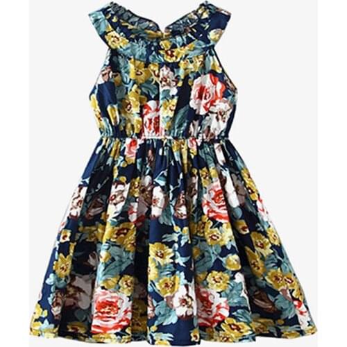 Hot sale 2020 Kids girls new summer dress children fashion sleeveless elastic floral print cotton dress for girls 4-9 years