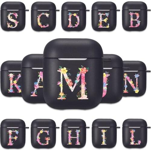 Sweet Pink Flowers 26 A-Z Alphabet Black Silicone Case for Apple Airpods 1 2 Cases Capital Letter Soft Airpods Earphone Cover