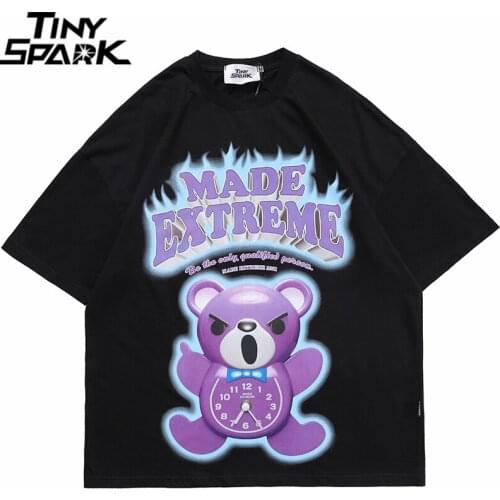 Hip Hop Men Oversize T Shirt Streetwear Bear Clock Letter Print Tshirt Harajuku Cotton Loose Summer Short Sleeve T-Shirt Black